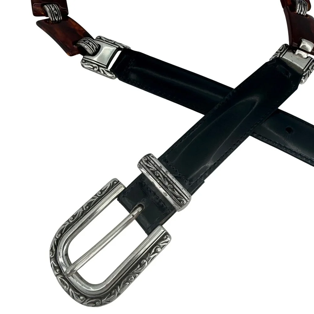 Brighton Black Leather Tortoise Link Belt Silver Scroll Buckle Boho Western Boho